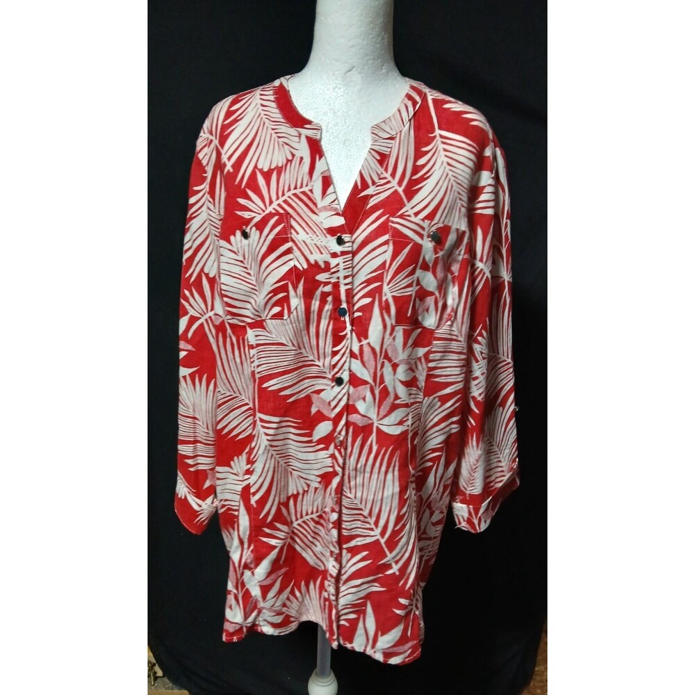 Cathy Daniels Red/White Tropical Button Down Blouse XL